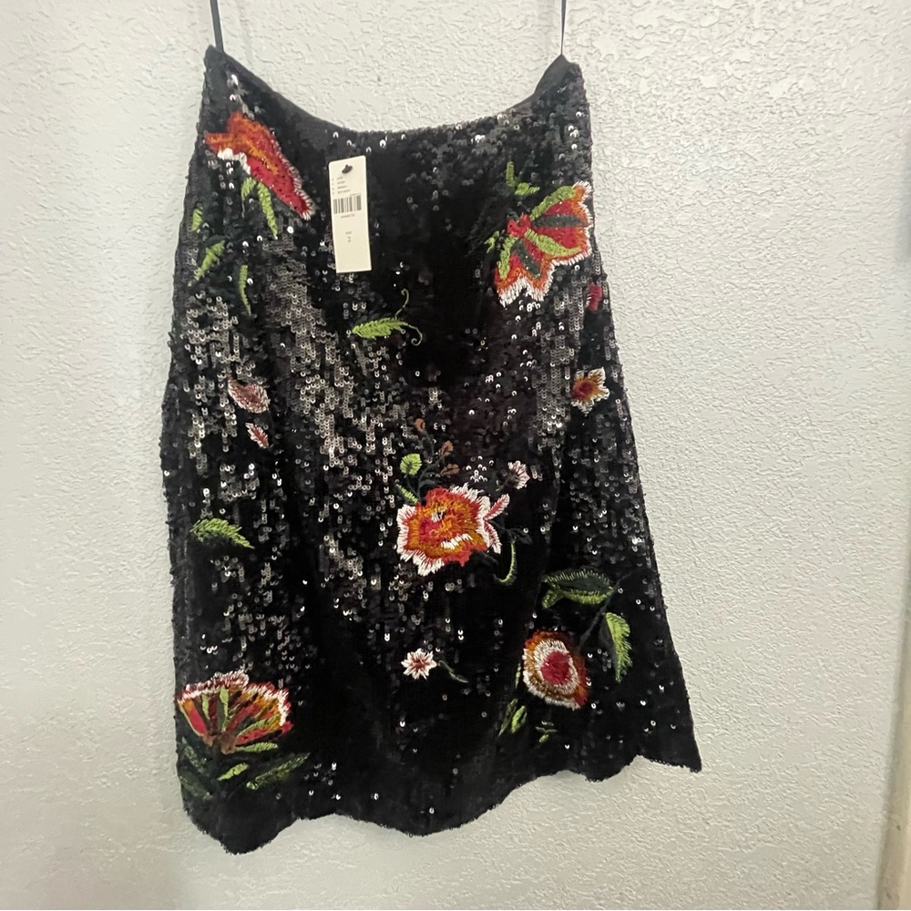 Anthropologie Black Sequin Floral Skirt